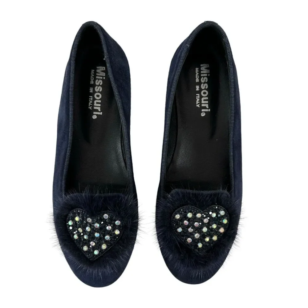 Missouri Italian Shoes Suede Leather Flats Fur Heart Embellished Navy EU34 US3.5